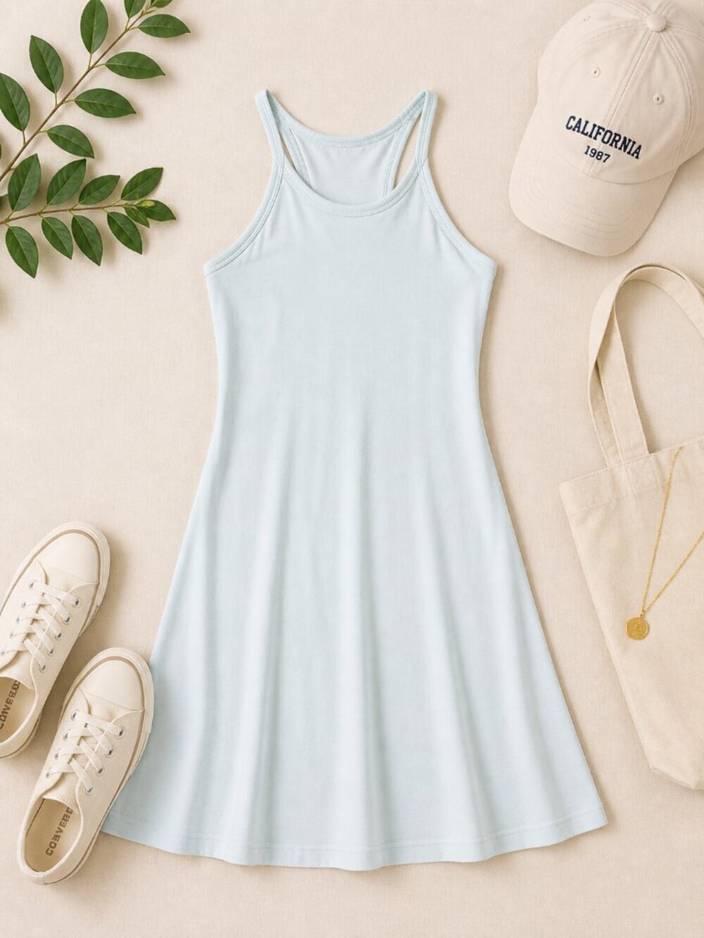 Moda International Light Blue Racerback Tank Dress Stretch Cotton Casual S